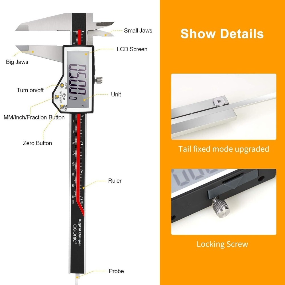 Versatile 6-Inch Digital Measuring Caliper - Waterproof, High Accuracy, Durable