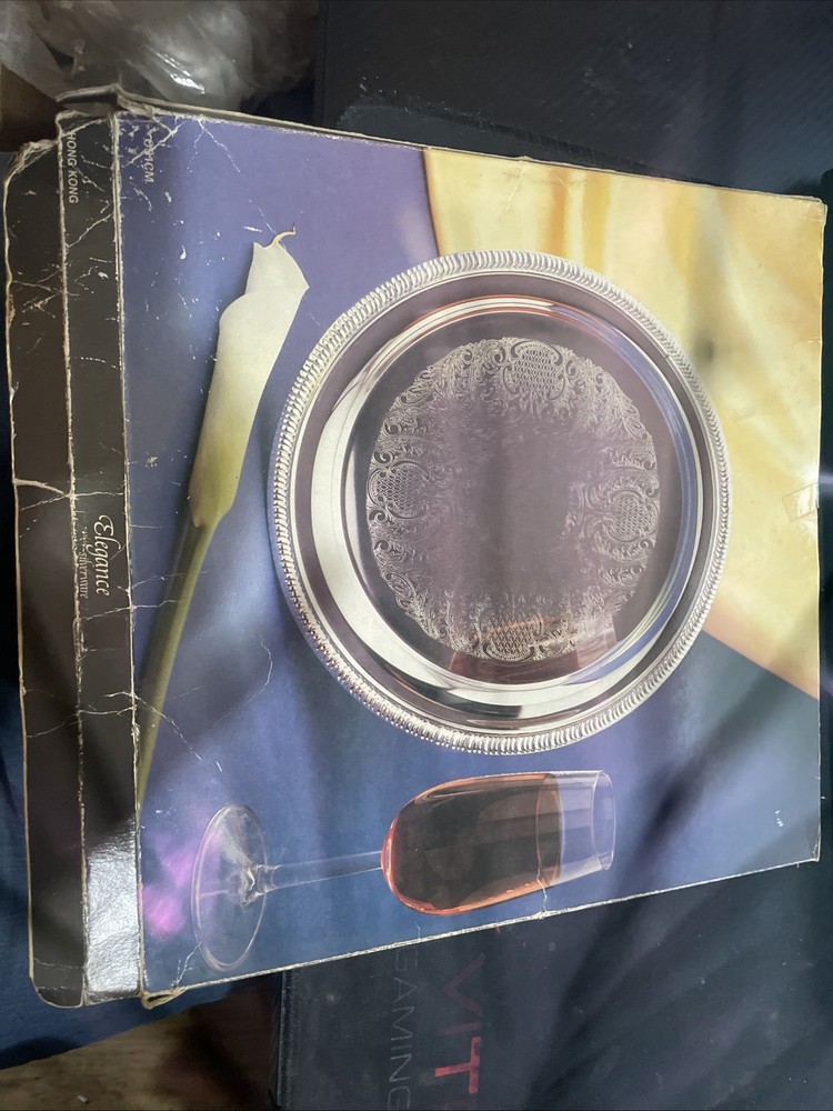 Silver-Plated Round Tray with Engraved Design 12 Inch Diameter ELEGANCE WITH BOX