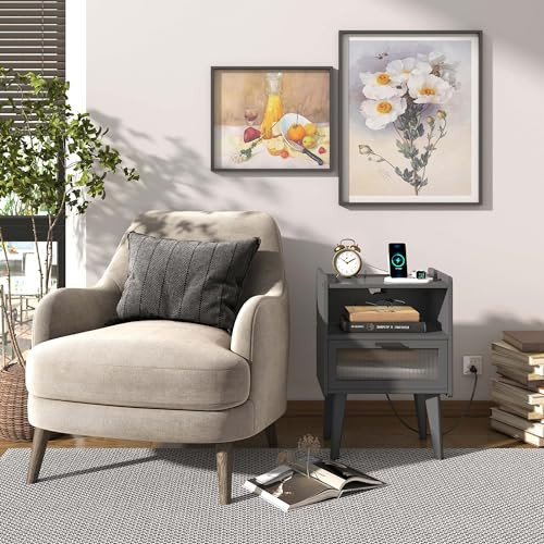 Nightstand with Charging Station, Bedside Tables Grey End Table Side Table