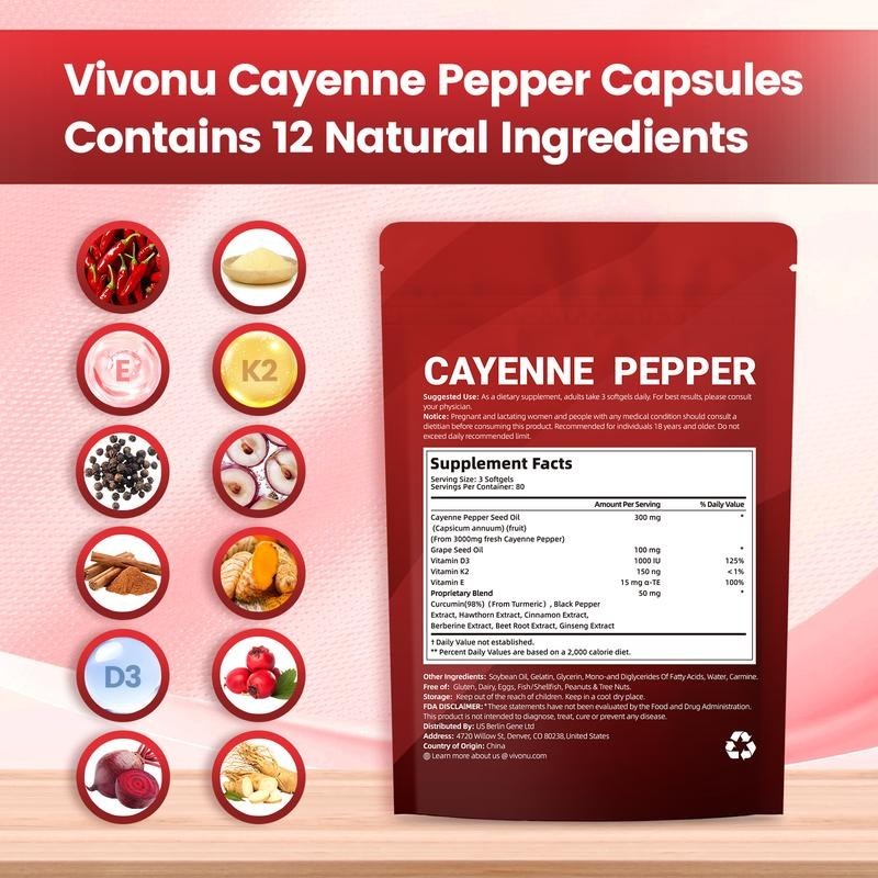 Cayenne Pepper Softgels Supplement, Supports Leg VeinHeart and Blood Vessel