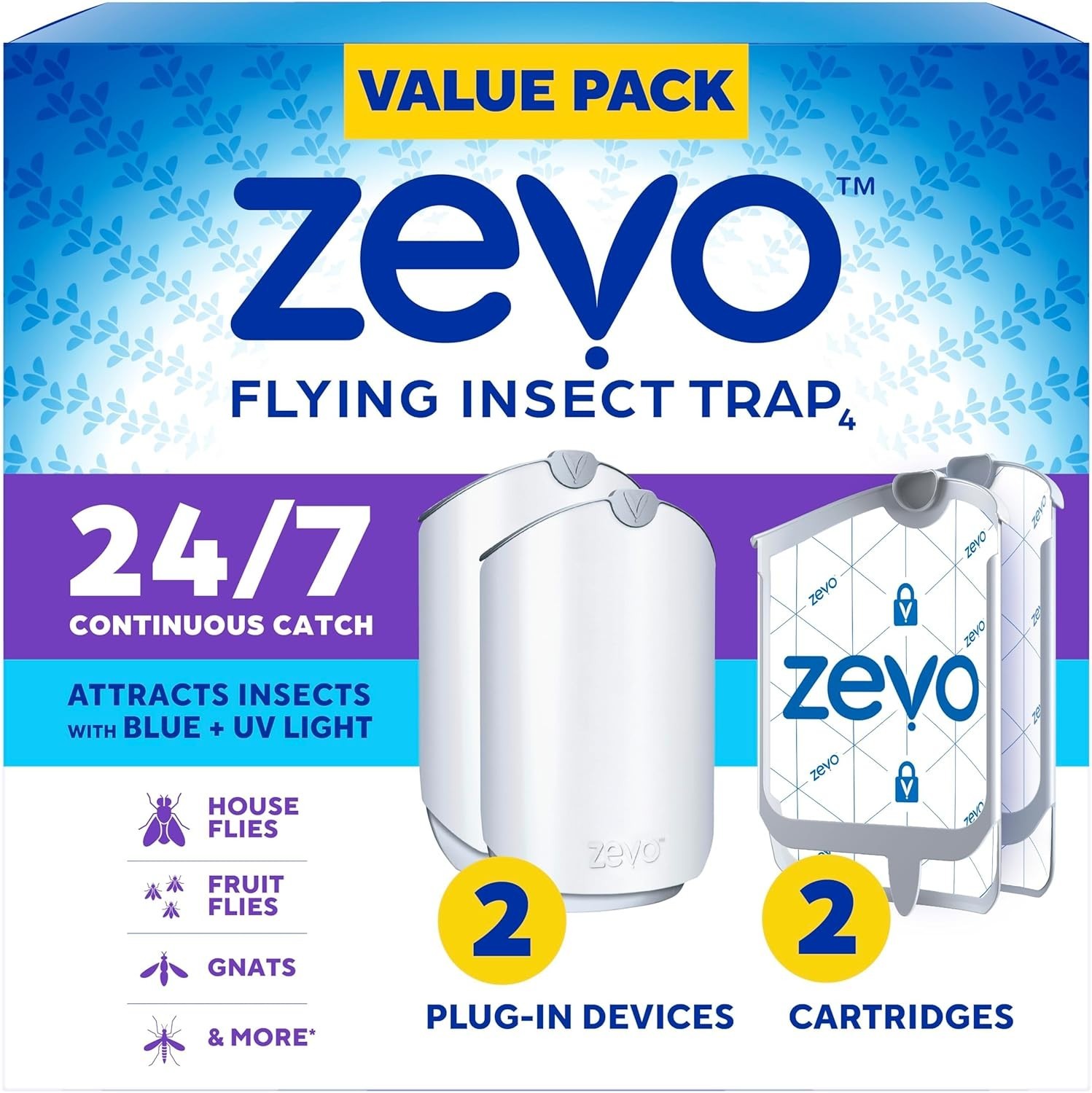 Zevo Flying Insect Trap (2 Plug-in Bases + 2 Cartridges) Featuring Blue UV Light