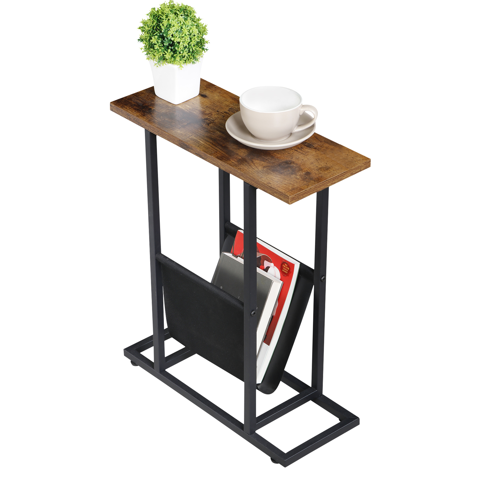 Narrow Small End Table with Magazine Holder ForLiving Room Corner Table Brown