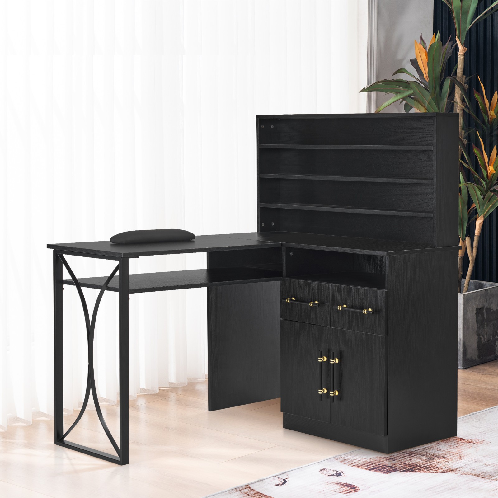 L-shaped Nail Desk for Storage, Versatile Manicure Table with Drawers & Cabinets