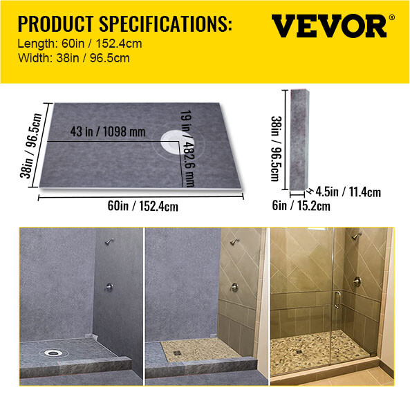 VEVOR Waterproofing Shower Tray Kit Shower Kit Curb 38x60" w/ Offset Drain PVC