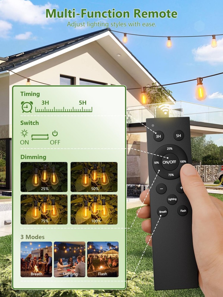 100FT Solar String Lights Outdoor Waterproof 2200K with Remote & USB Charging...