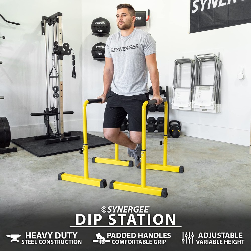 Dip Bar Yellow. Adjustable Dip Station from 30” – 39” for Dips, Inverted Pull...