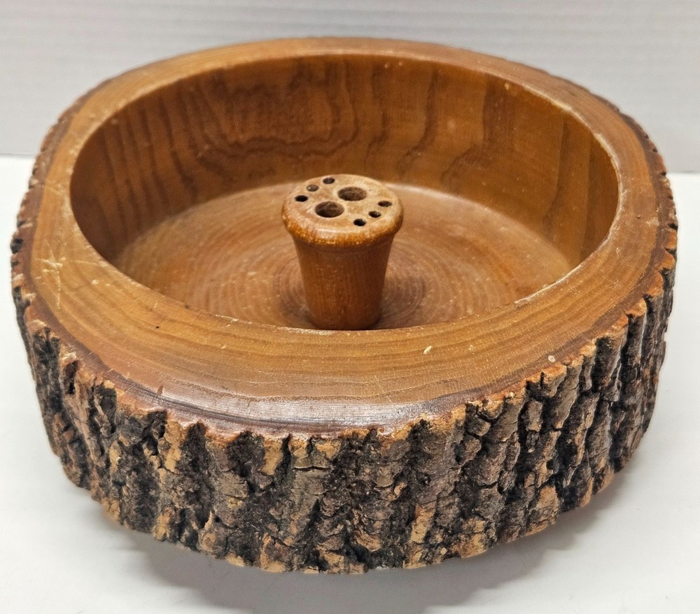 Vintage MCM Wood Nut Cracking Bowl Tree Bark Rustic Nutcracker Dish 9.5"