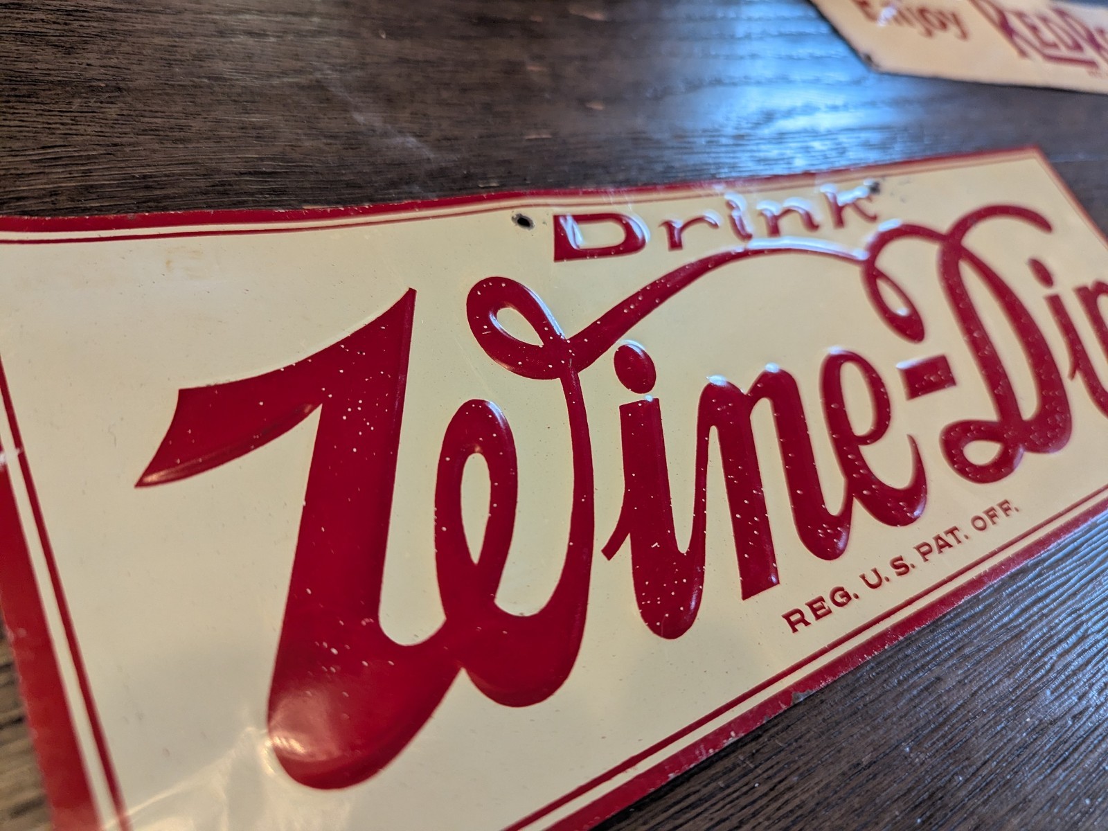 SUPER RARE WINE - DIP PROHIBITION ERA COLA TIN TACKER STRIP SIGN EMBOSSED CROWN