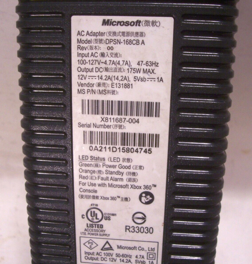Microsoft Xbox 360 Console AC Adapter Model DPSN 168CB ANo AC cord