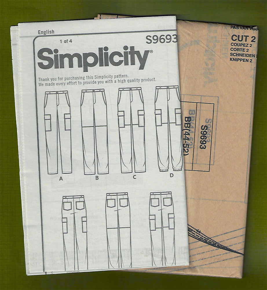 Men's Cargo Pants Sewing Pattern ~ 4 Variations! (Sizes 44-52) Simplicity 9693