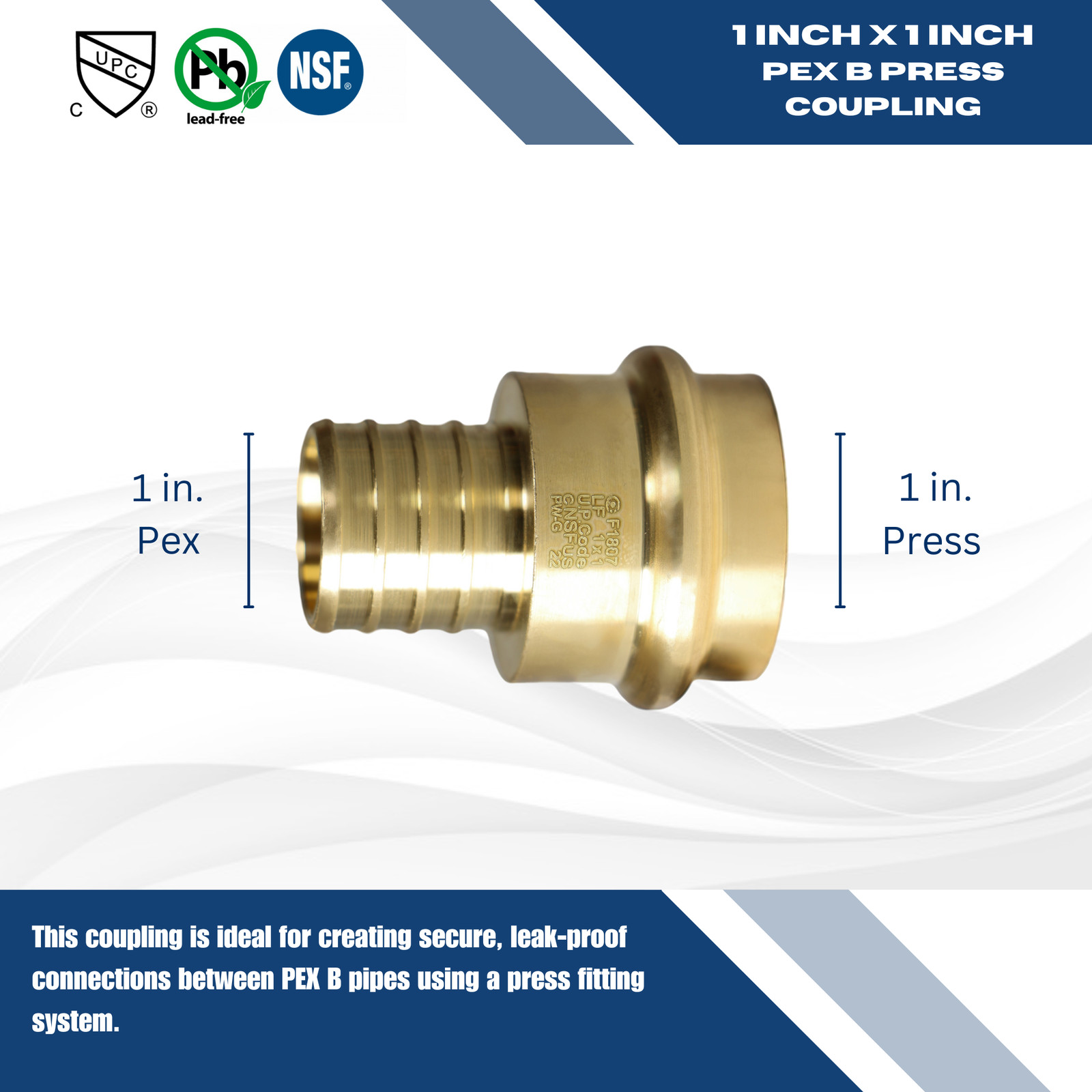 10 Pack XFITTING 1" Pex B x 1" Press Coupling, Lead Free Brass