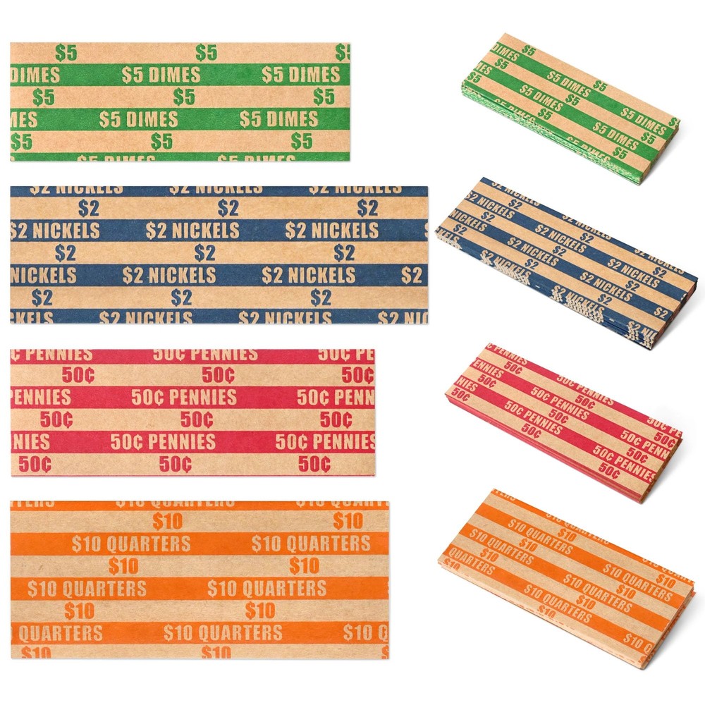 100 Pcs Assorted Packed Flat Stripped Coin Wrappers Coin Rolls Wrapper
