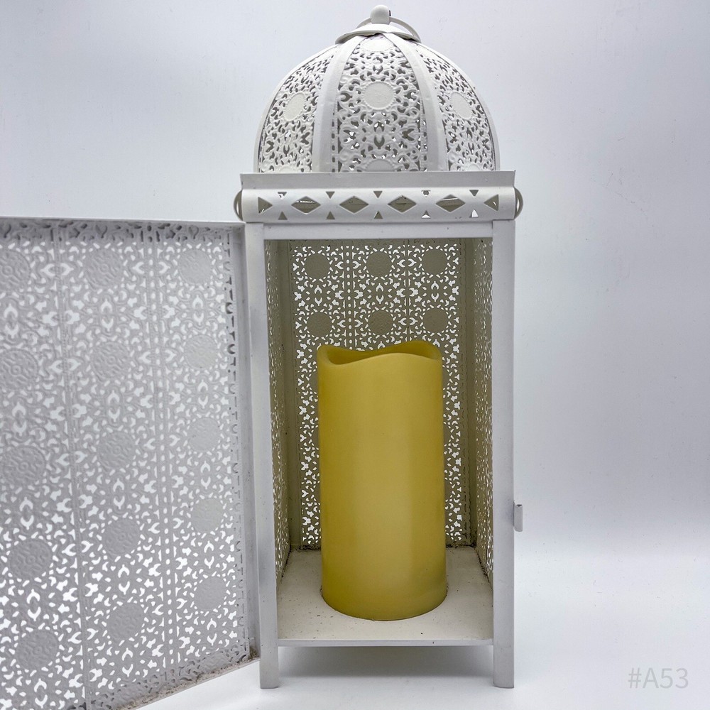 Oriental Lantern Windlight With Pattern & LED Block Candle, White, 37 cm
