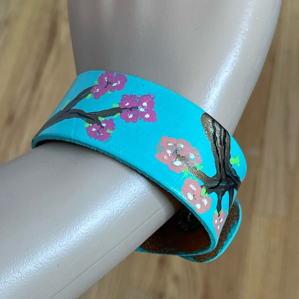 Hand painted leather adjustable bracelet cherry blossoms