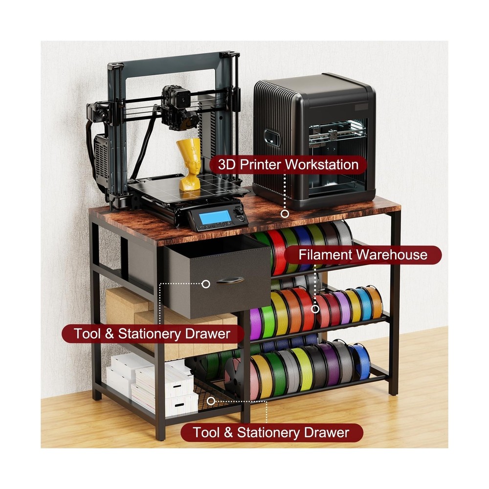3D Printer Stand w/ Filament Storage Rack,3D Printer Table w/ Power Outlet,3Tier