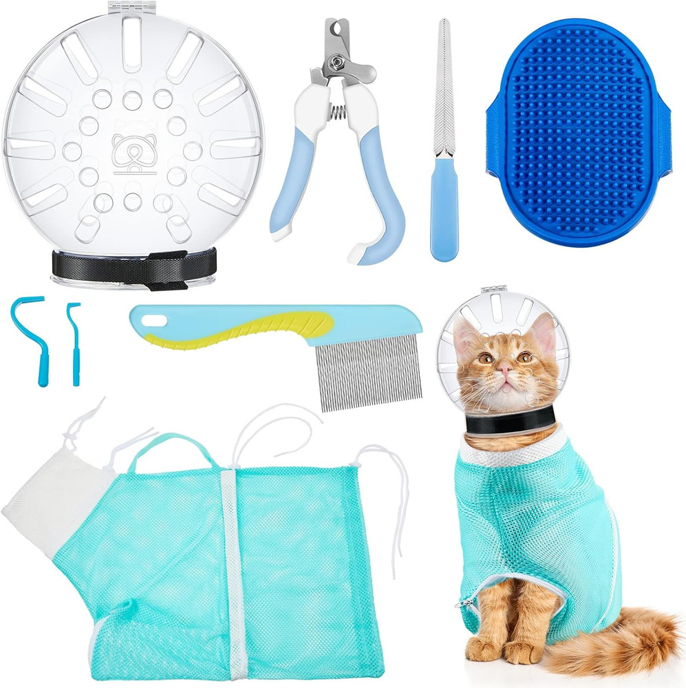 8 Pcs Cat Muzzle Set with Adjustable Cat Bathing Bag Breathable Clear Muzzle Pet