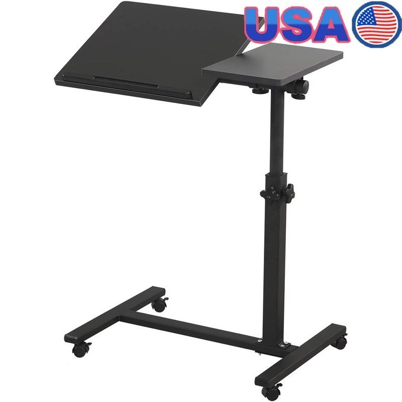 Adjustable Mobile Laptop Table Rolling Bedside Desk W/ Wheels Edge-Stopper Black