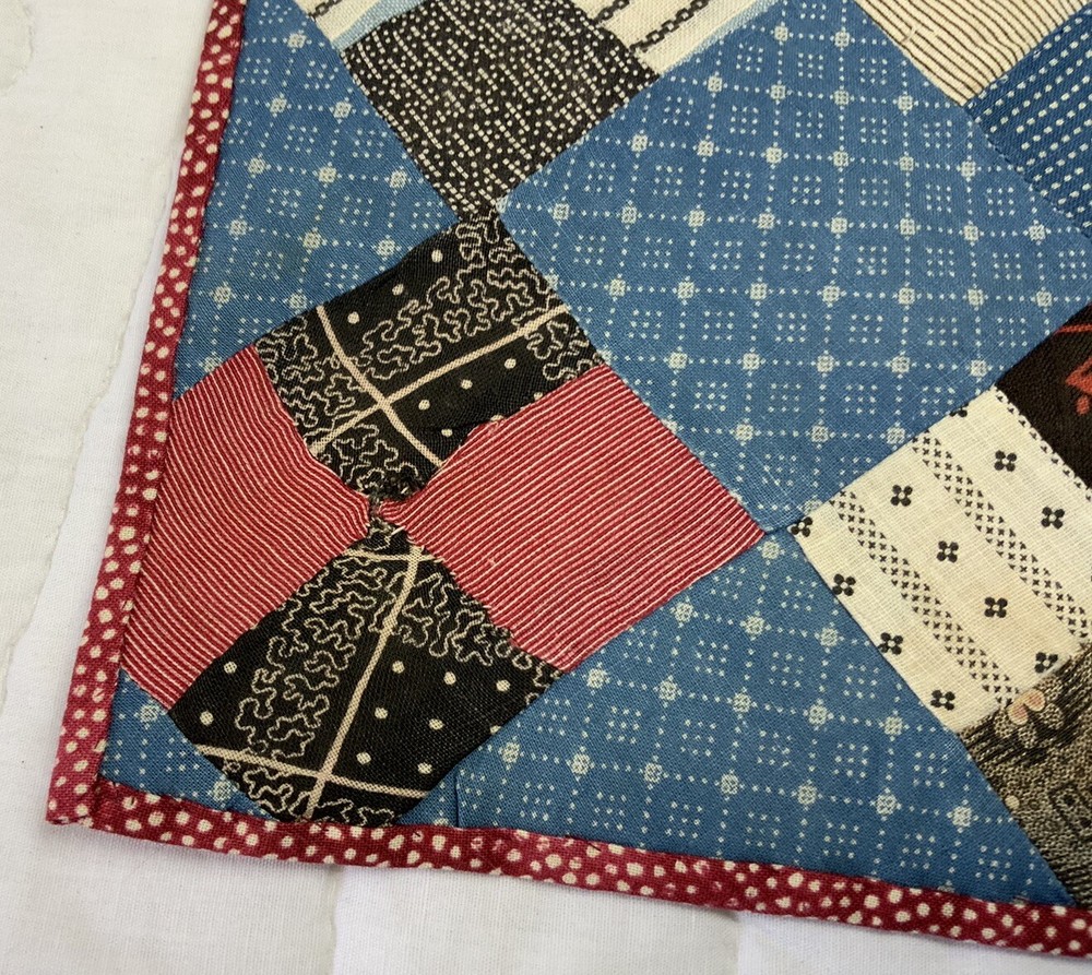 Vintage Antique Patchwork Quilt Table Topper, Four Patch, Blue, Multi