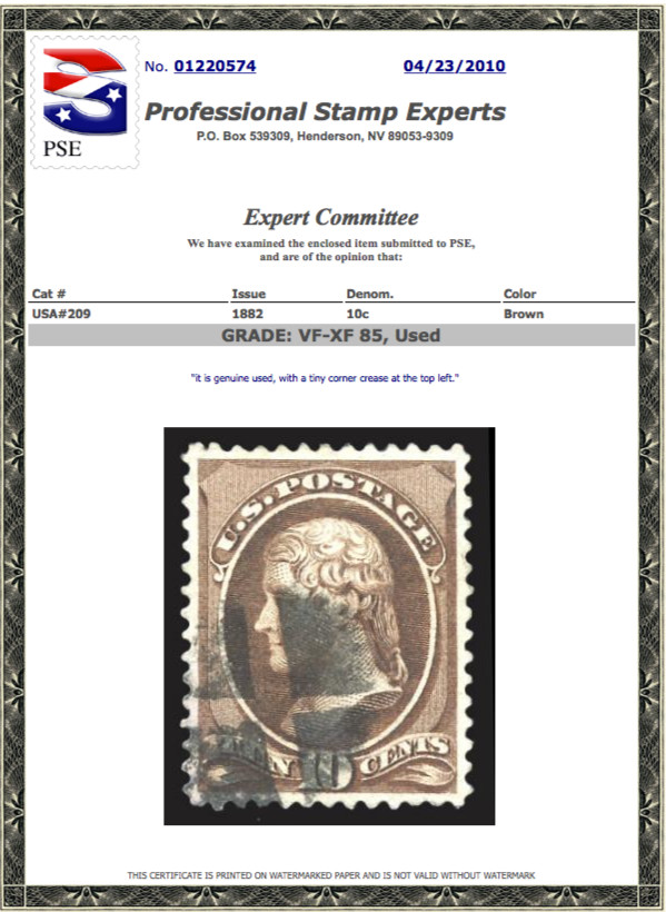 #209 Used PSE Graded 85, PSE Cert # 01220574, with tiny corner crease.