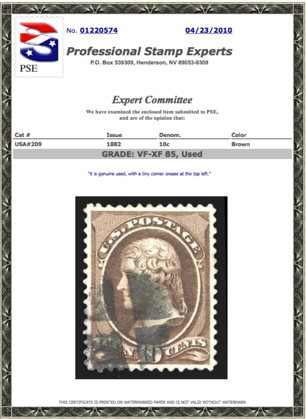 #209 Used PSE Graded 85, PSE Cert # 01220574, with tiny corner crease.