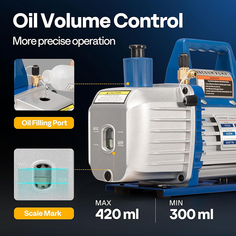 1/2 HP 5CFM 2 Stage HVAC Vacuum Pump & 4 Way AC Manifold Gauge Set 5ft Hoses