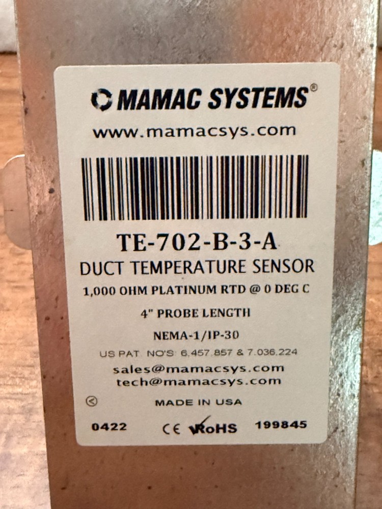 Mamac Systems TE-702-B-3-A Duct Temperature Sensor (4" Probe Length)