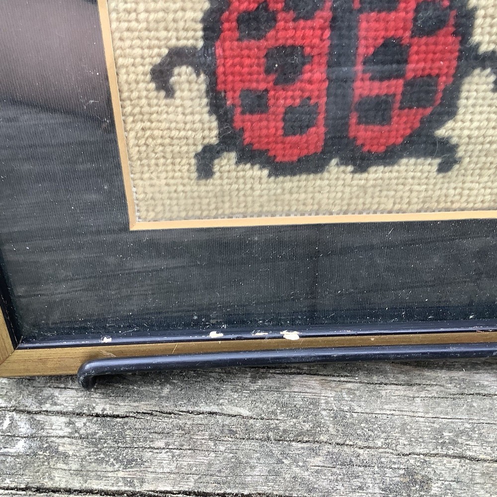 Vintage Framed Lady Bug Embroidered Print Needlepoint