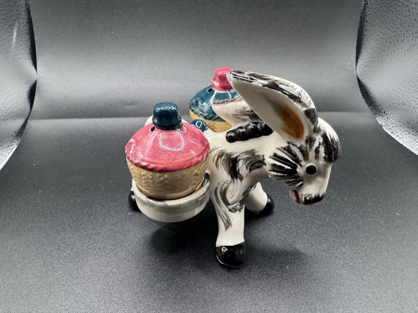 Vintage MCM 1960s Donkey Novelty Ceramic Kitschy Salt Pepper Shakers with Caddy