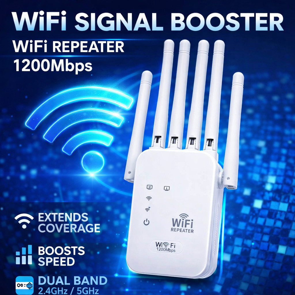 1200Mbps WiFi Extender – Dual Band 2.4G/5G Signal Booster w/ Ethernet