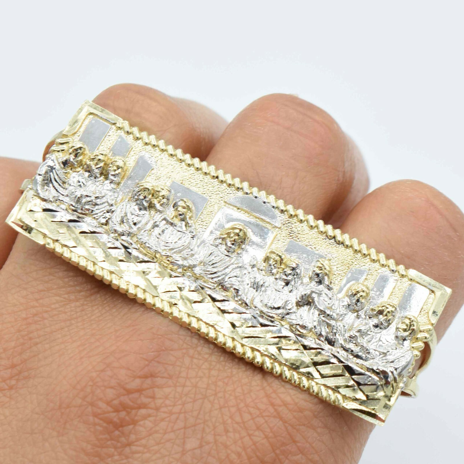Diamond Cut Last Supper Three Finger Ring Real Solid 10K Yellow White Gold
