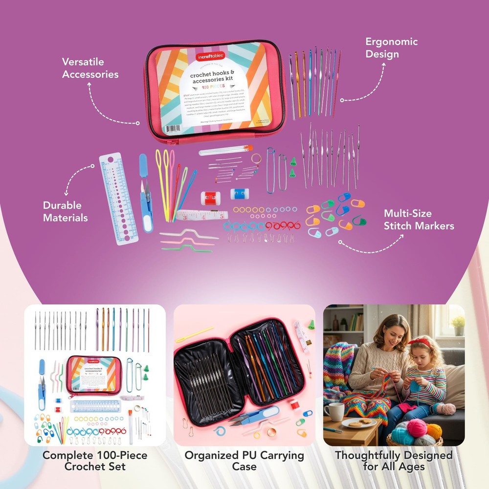 Crochet Hooks Set with Case – 100 Pieces - Complete Crochet Kit for Beginners...