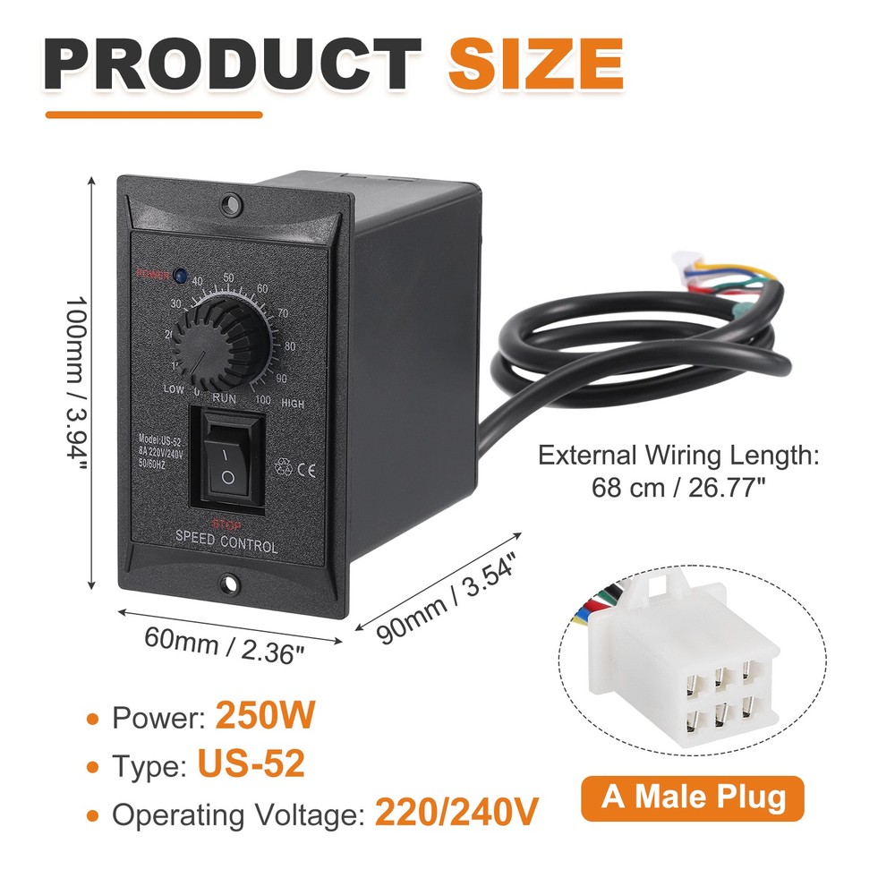 250W AC 220/240V Motor Speed Controller Forward Reverse with B Female Plug