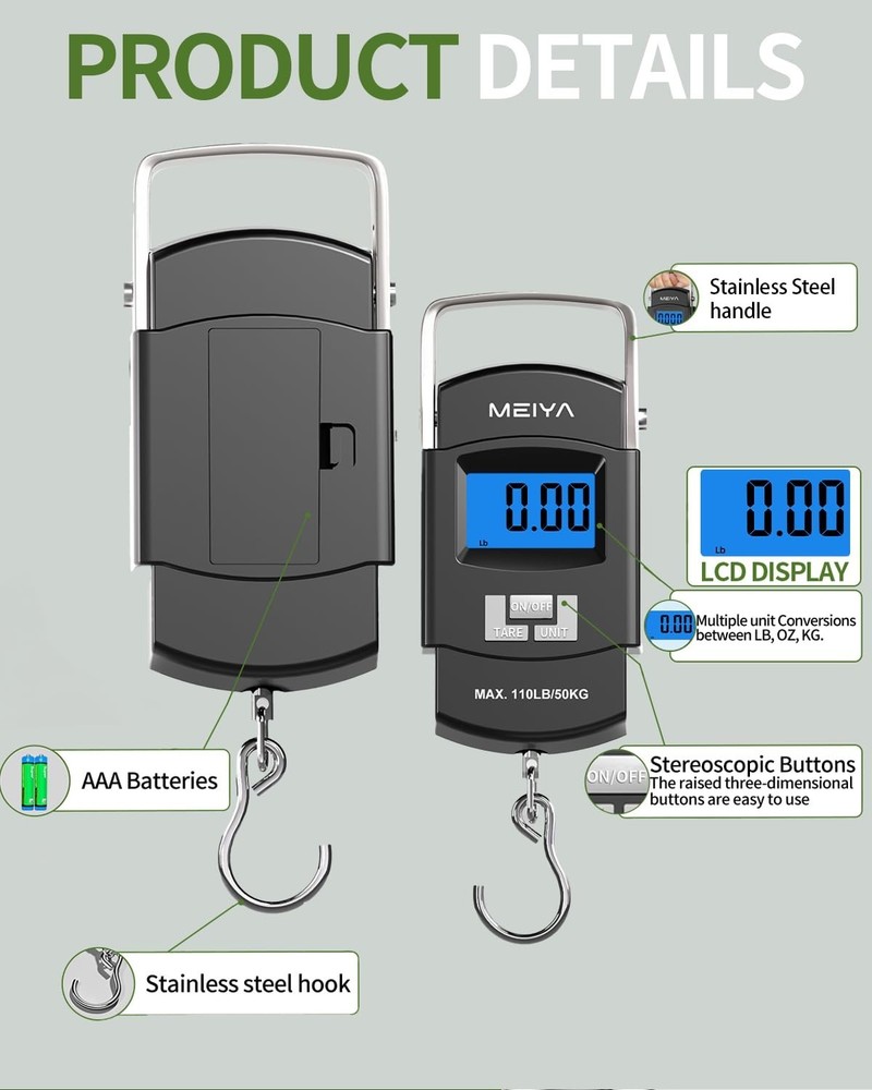 Durable Handheld Fish Scale 110lb Capacity - Auto Shut Off & Tare Function