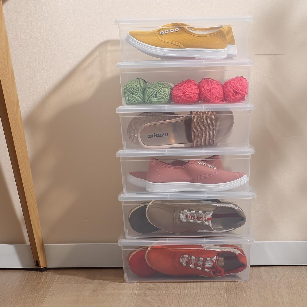 Stackable Clear Storage Bins with Lids Shoe Boxes 12 Packs Plastic Storage Co...