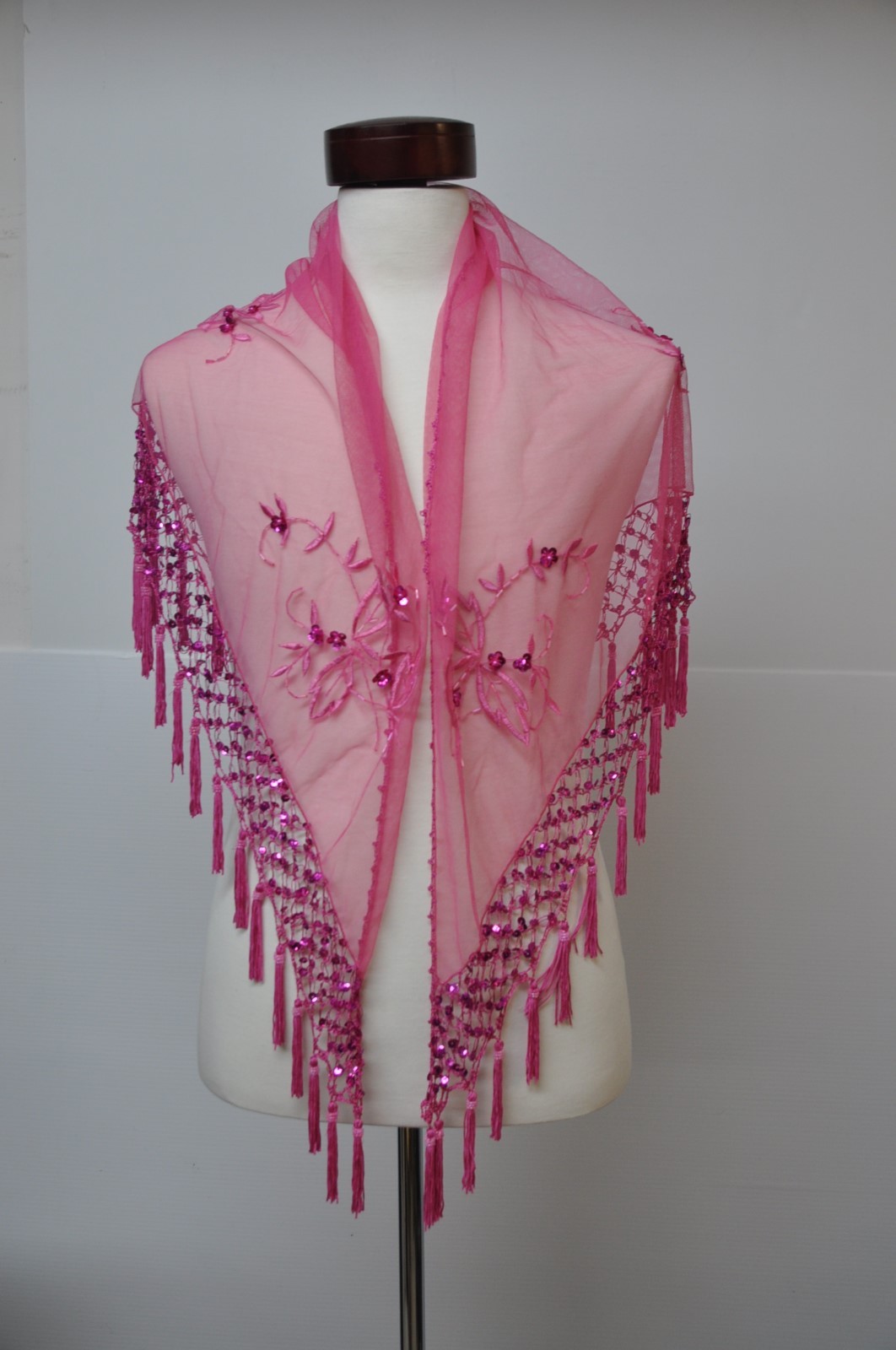 Lady's green color triangle beaded embroidery shawl with tassel