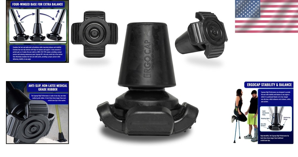Ergocap High Performance Crutch Rubber Tip - Universal Shock-Absorbing Design
