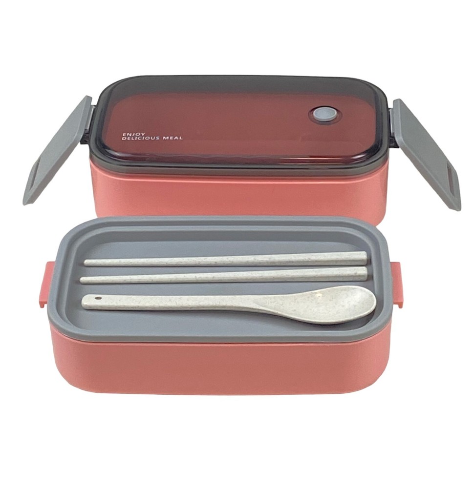 2-Layer Stackable Bento Box Pink with Chopsticks and Spoon