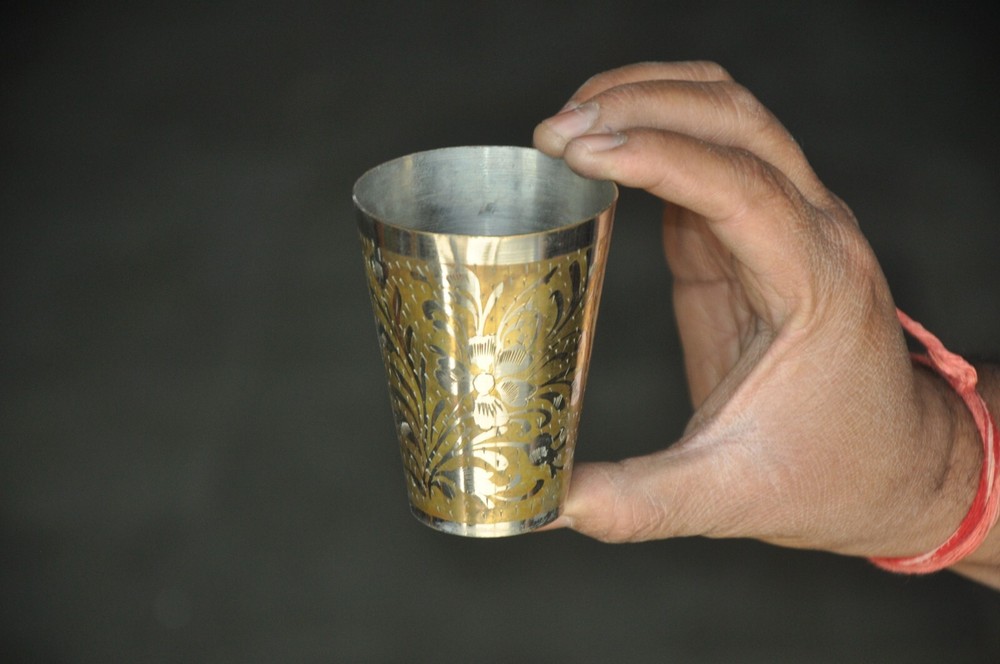 4 Pc Vintage Brass Engraved Handcrafted Solid Lassi / Milk Glass