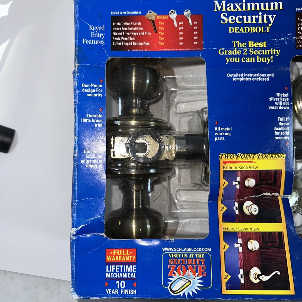 Schlage Maximum Security Deadbolt Keyed Entry~Grade 2 Max Security Antique Brass