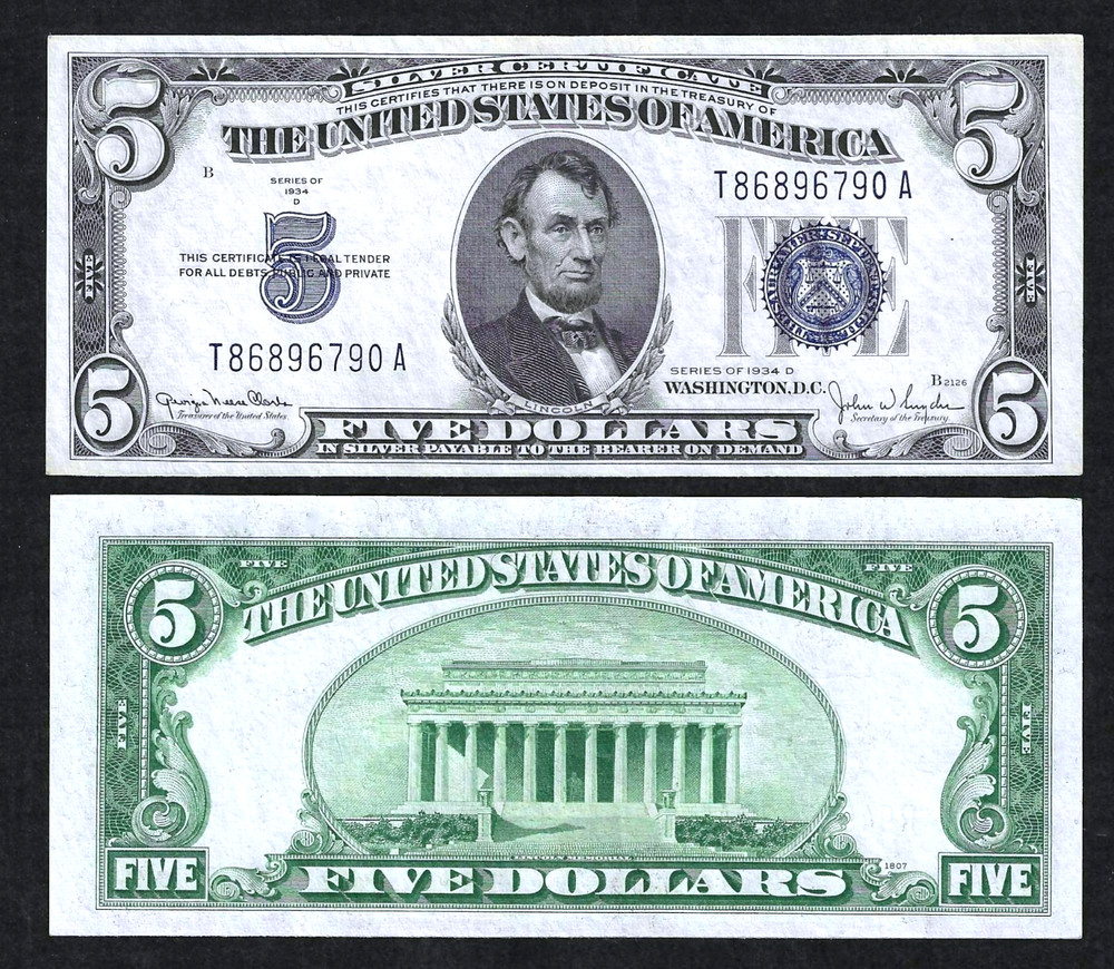 1934-D $5 SILVER CERTIFICATE - GEM CRISP UNCIRCULATED