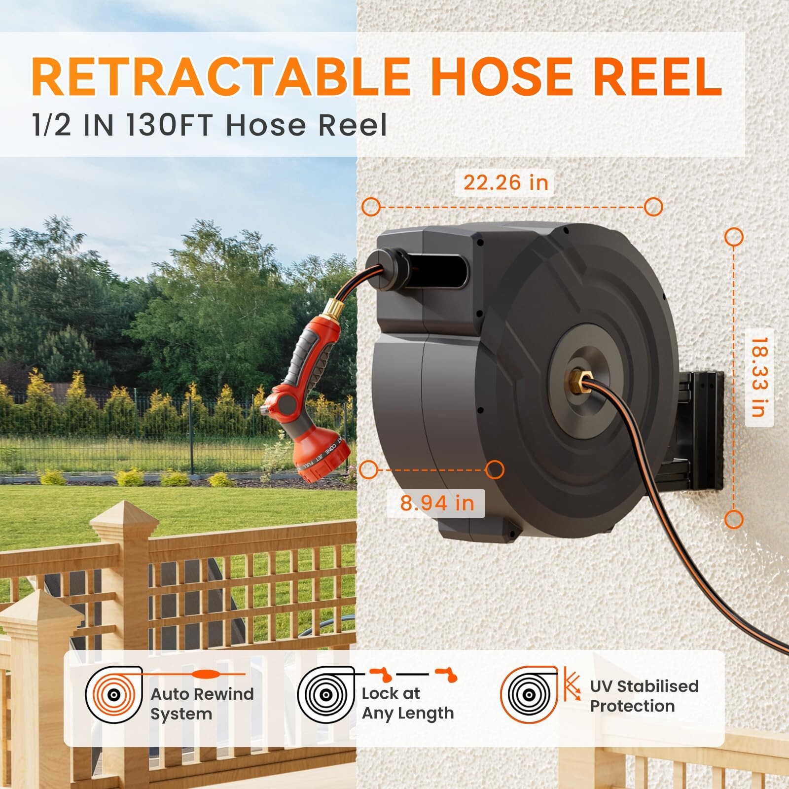 Retractable Garden Hose Reel 1/2 in x 130 ft Wall Mounted Garden Hose Reel