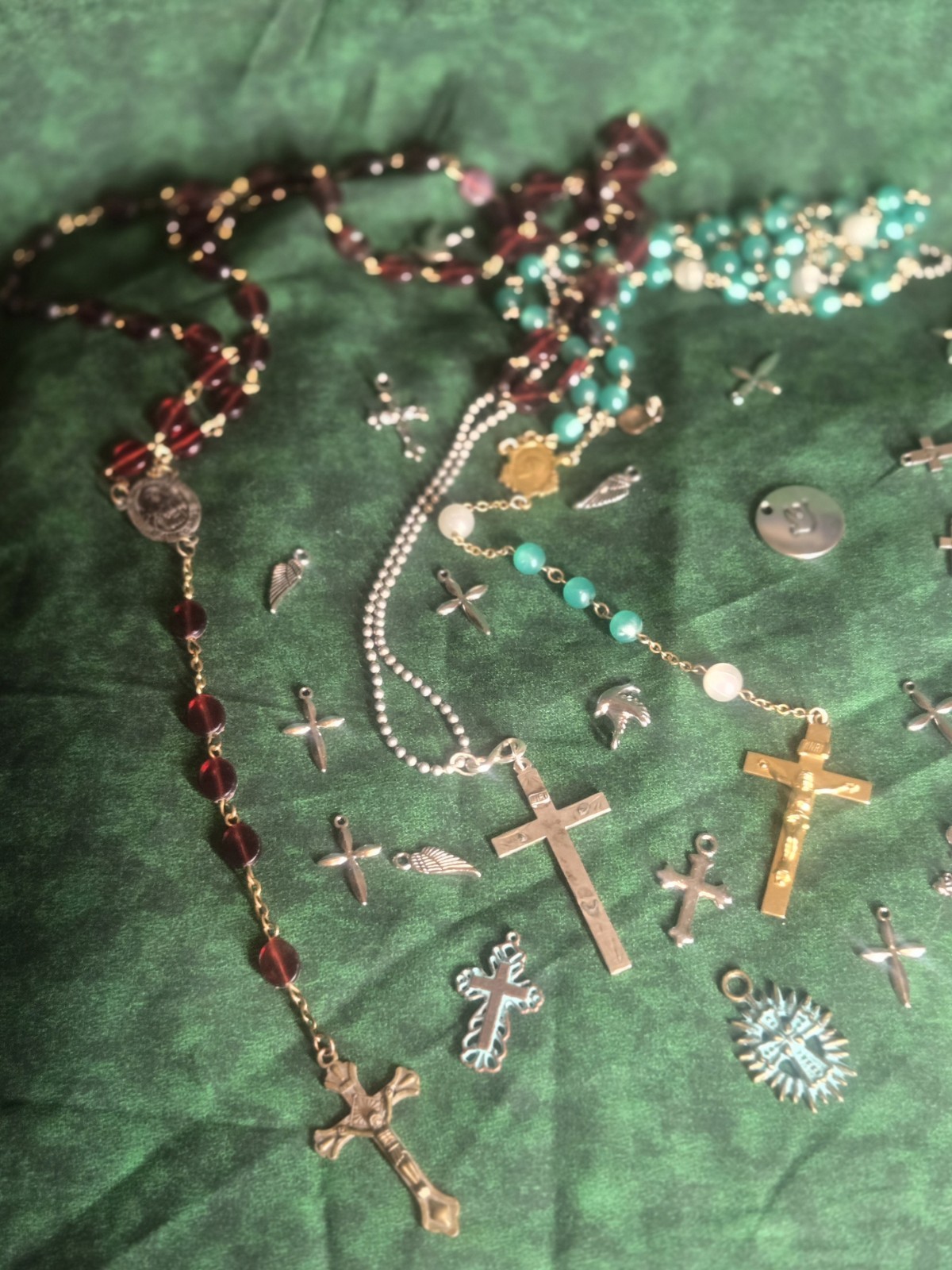 Huge Lot of Cross Necklaces, Pendants, Rosaries, Charms, 22k, sterling, hge.