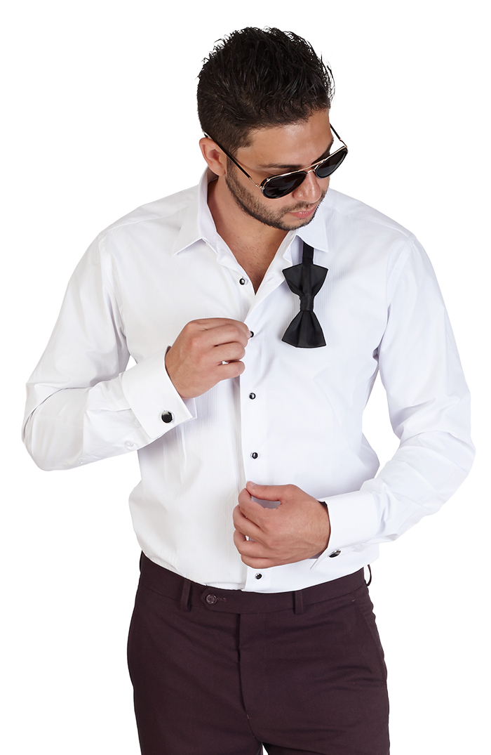 Men No Tag Lay Down White Tuxedo Dress Shirt Slim Fit Bow Cufflinks Studs AZAR