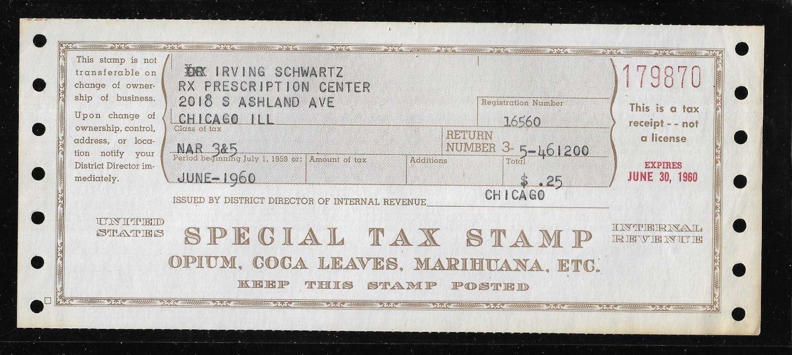 US Revenues; Special Tax Stamp; Opium, Coca Leaves, Marihuana, Etc.; $3 FYE 1960