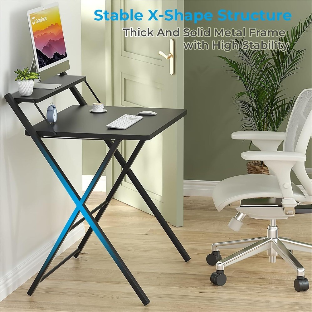2-Tier Foldable Computer Desk Portable Laptop Study Table with Shelf Home Office