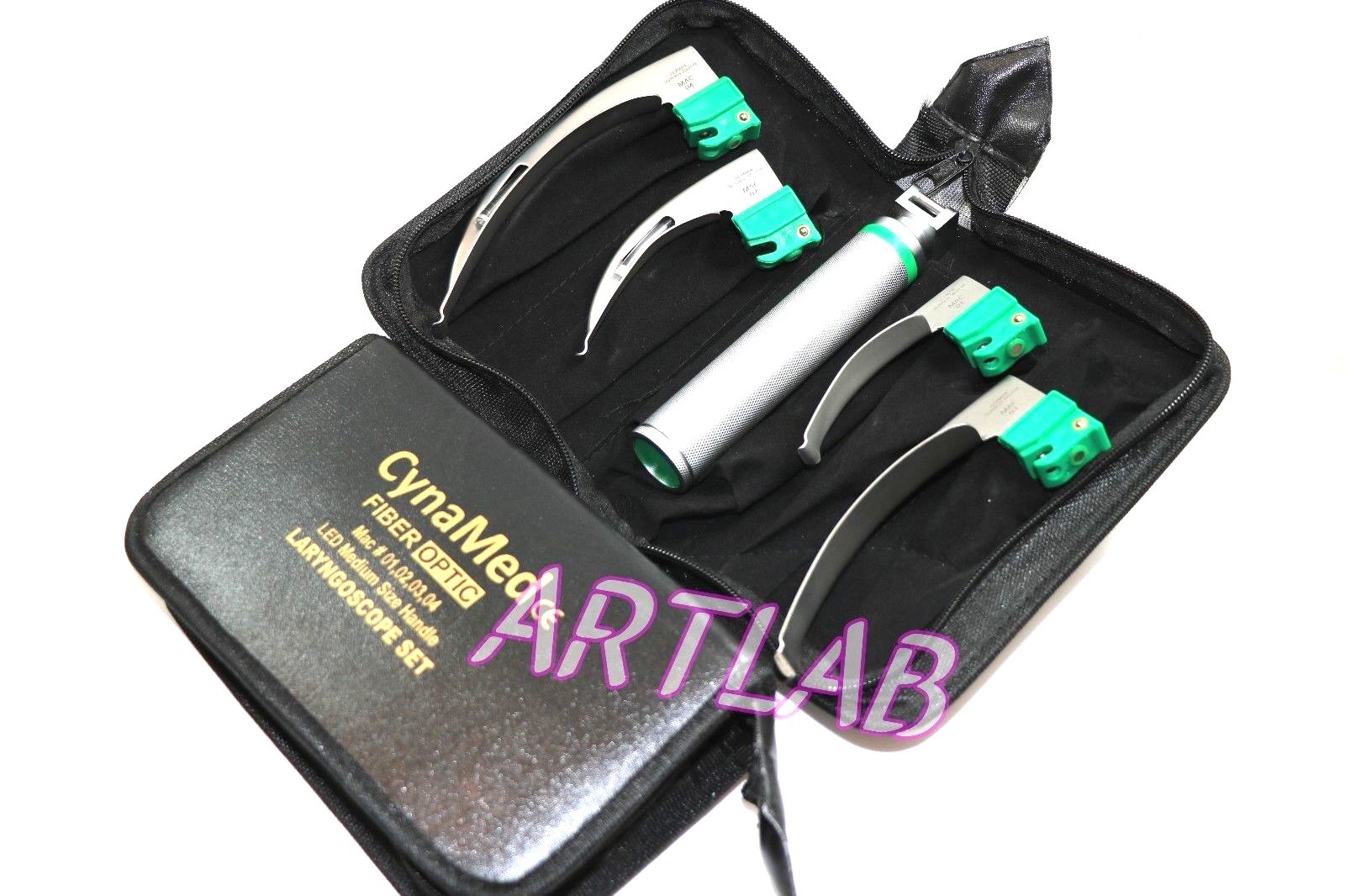 FIBER-OPTIC LARYNGOSCOPE SET OF 4 INTUBATION BLADES 1,2,3,4 + MEDIUM HANDLE