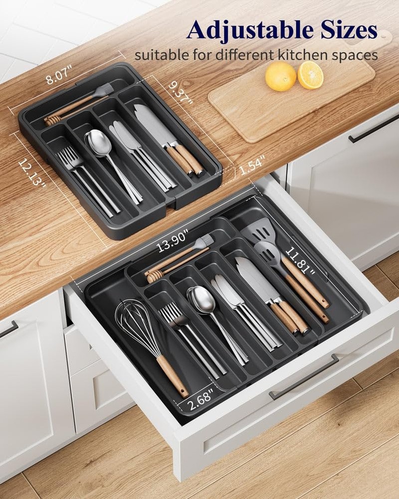 Kitsure Silverware Organizer - Adjustable Kitchen Drawer Organizer, Utensil O...