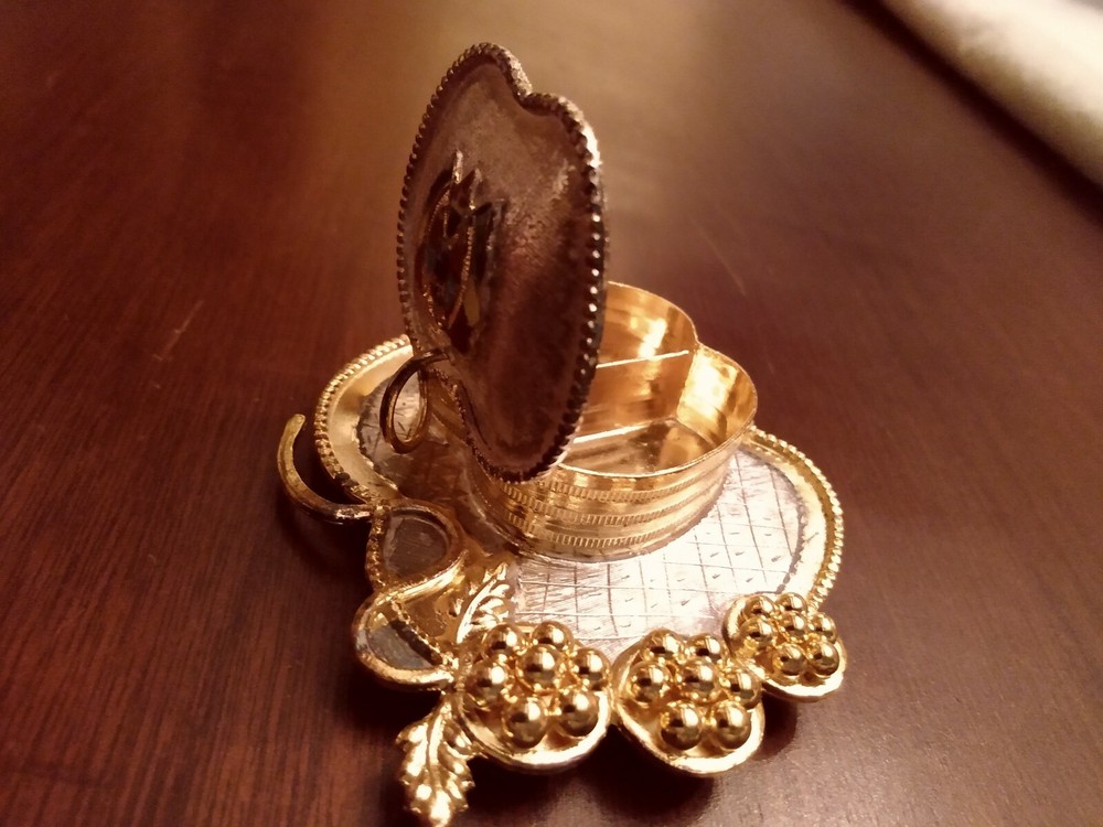 SOLID SILVER HINGED APPLE BOX ON ATTACHED TRAY ENAMEL BUTTERFLY GILT ACCENT