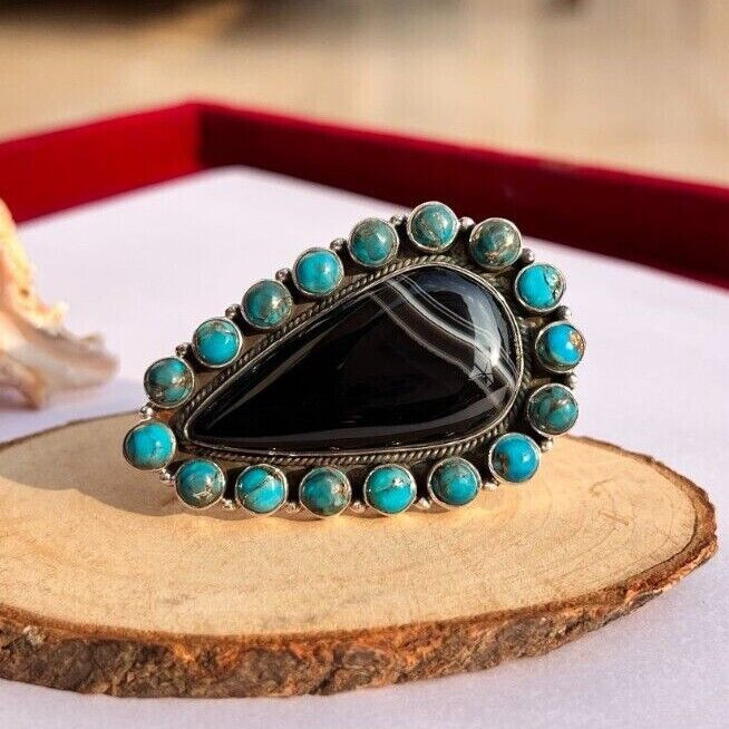 Turquoise with Agate Ring 925 Silver Ring Handmade Statement Multi Stones Ring