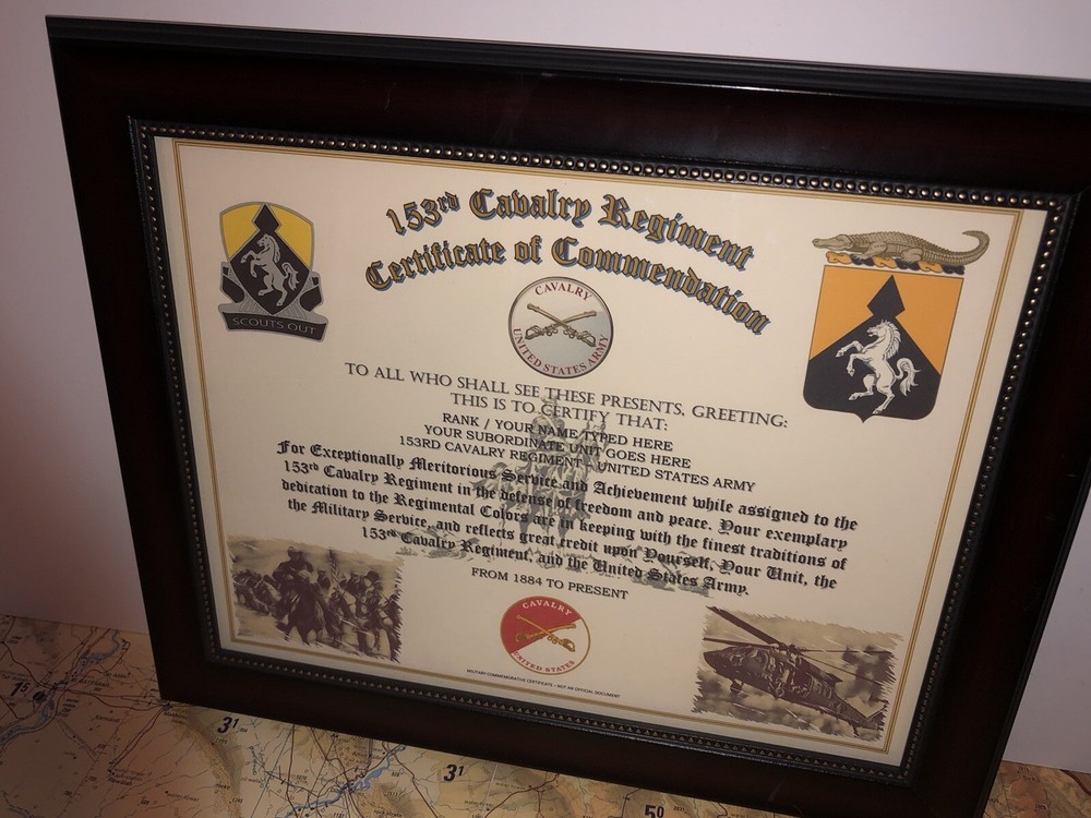 153RD U.S. CAVALRY REGIMENT / COMMEMORATIVE - CERTIFICATE OF COMMENDATION